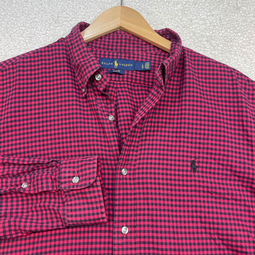 Ralph Lauren Button Down Mens L Red Gingham Slim Fit Long Sleeve Pony Logo Shirt